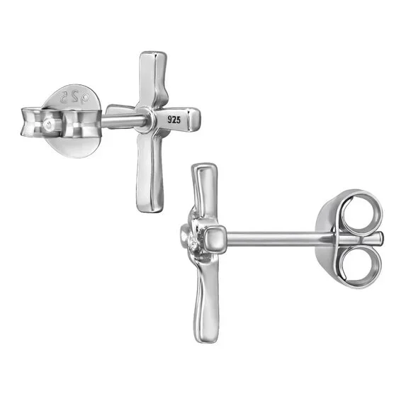 Sterling Silver Cross Diamond Stud Earrings 925 Rhodium Plated Minimalist Jewelr - Picture 4 of 4